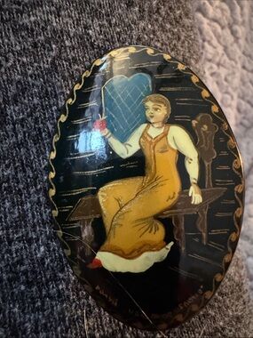 Russian hand painted Black lacquer and Gold Decorative brooch